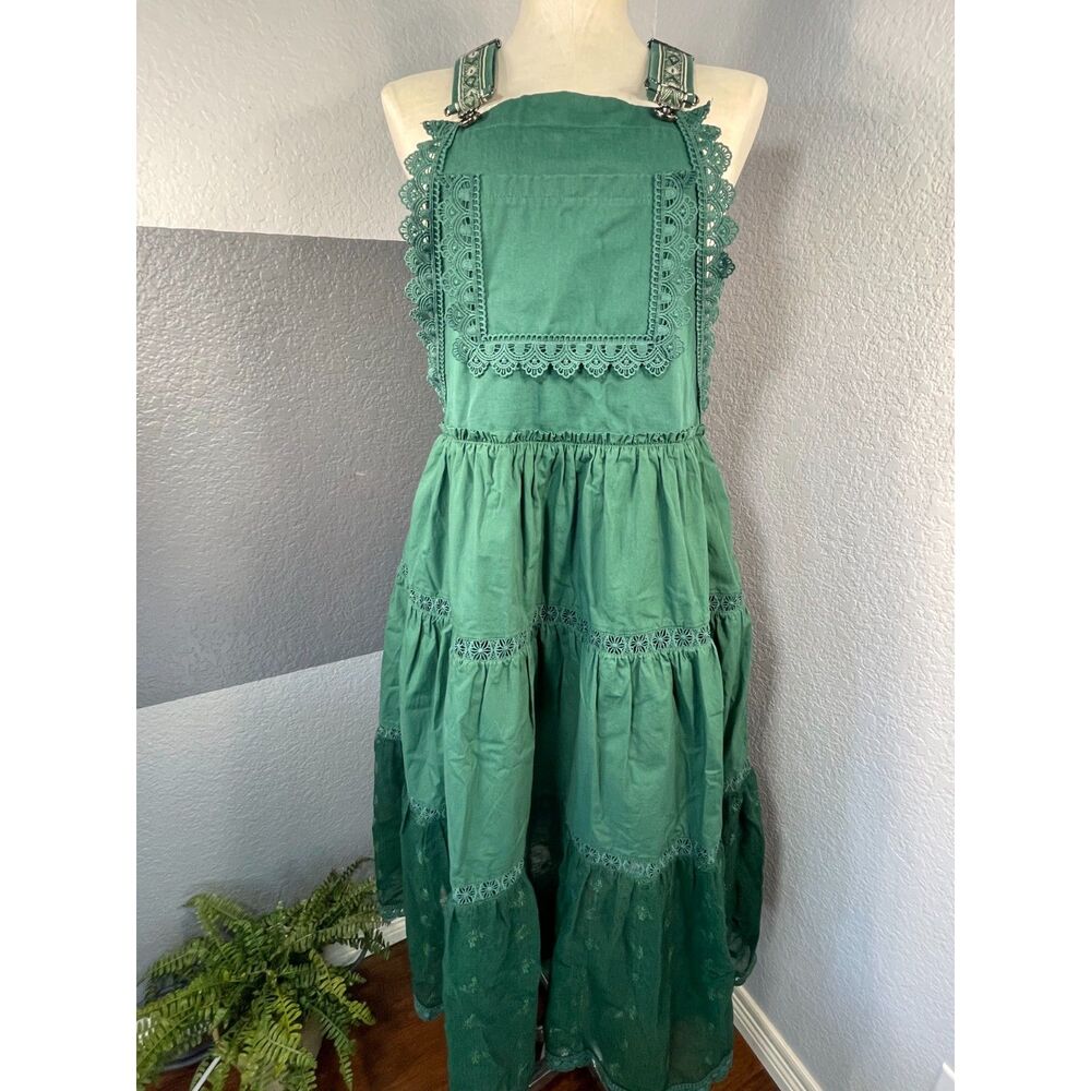 Listicle Trails End Laced Tiered Overall Skirtall Apron Dress Small Green Fairy